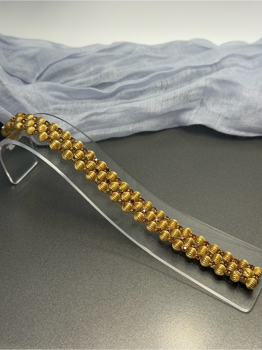 Vintage Gold Beaded Statement Bracelet with Amber stones